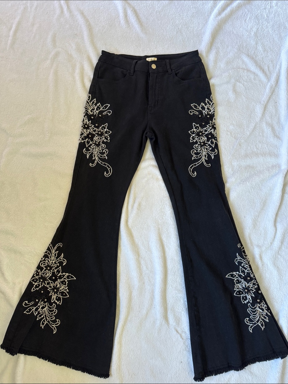 POL Black Flared Mid-Rise Jeans with White Studded/Floral Embroidery